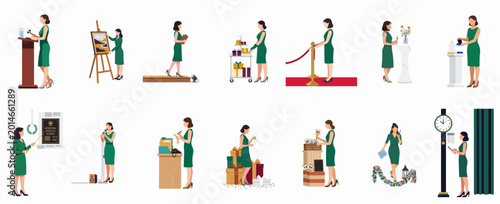 Canvas Print Set of professional women in green dresses performing various event management, auctioneering, and administrative tasks in a flat vector illustration style