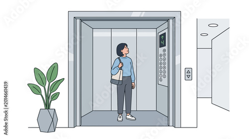 Woman in modern elevator, looking up