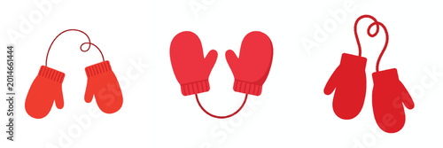 A pair of bright red mittens connected by a string, simple flat vector, no outline, plain white background.