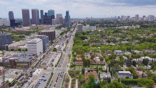 Beverly Hills Rotating Aerial View of Homes and Century City Skyline
