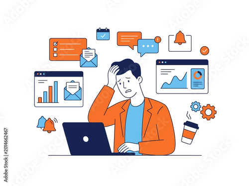 Man overwhelmed by too many tasks and notifications suitable for illustrating work stress, multitasking, overworked feelings in business concepts.