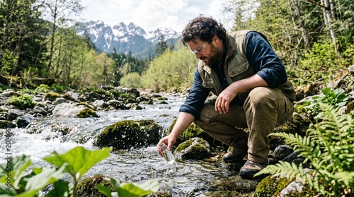 Environmental scientist collecting water sample from a clear mountain stream for quality testing