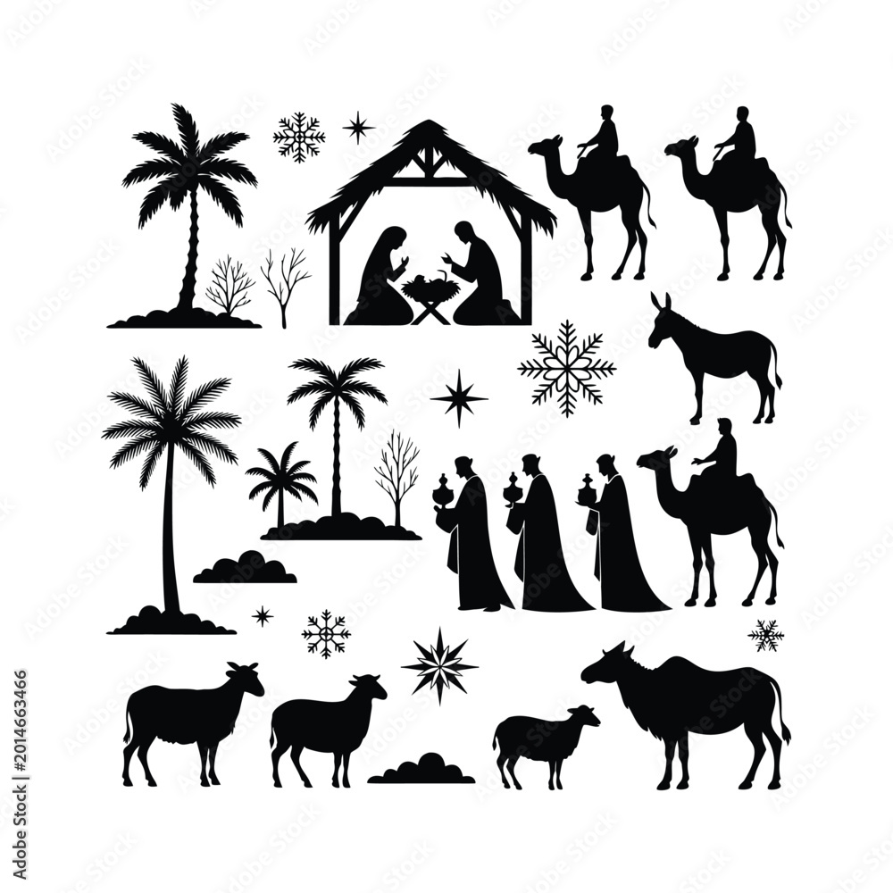 Fototapeta premium Nativity Scene Silhouettes Set with Holy Family, Three Wise Men, and Stable Animals