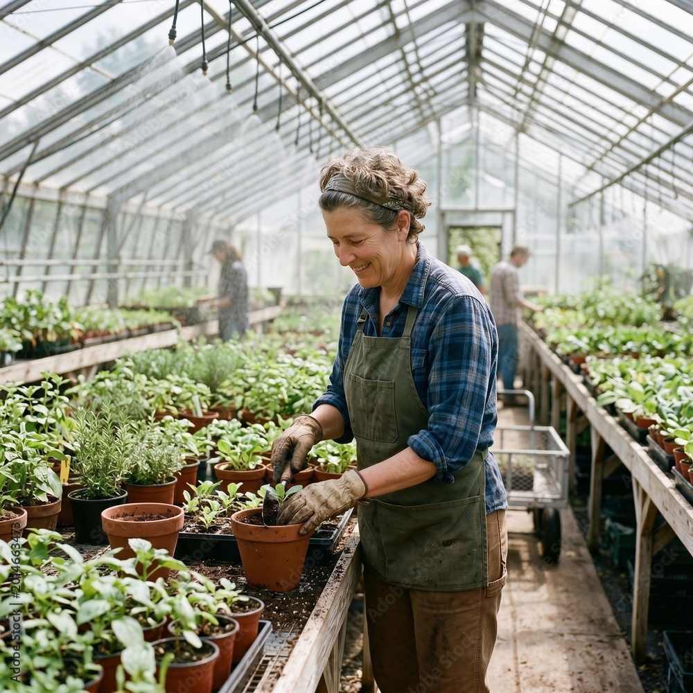 Obraz premium A Gardener tending to plants inside a greenhouse with natural light and a pleasant atmosphere. The scene evokes a sense of tranquility and the beauty of nature.