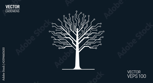 A stylized white tree branches out like an electronic circuit board