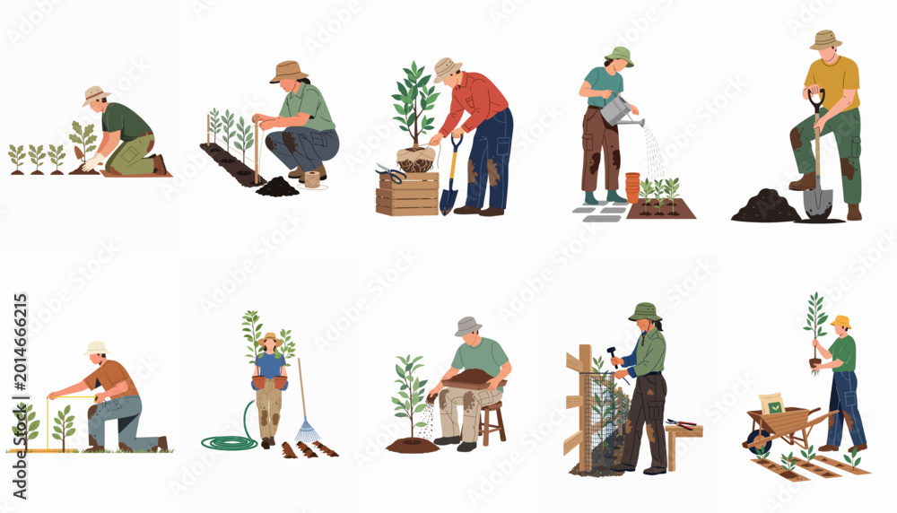 Fototapeta premium Set of vector illustrations showing people engaged in various gardening, planting, and reforestation activities like digging, watering, and staking saplings.