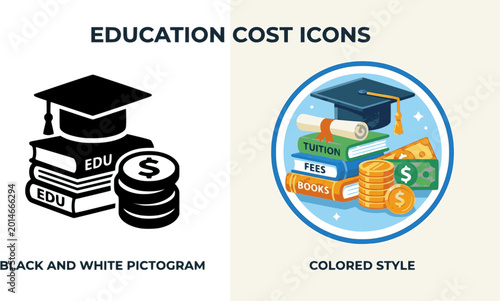 Education cost icon in black and colored style.
