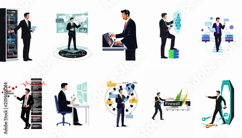 Cuadro en lienzo Set of illustrations depicting a cybersecurity professional managing servers, firewalls, and defending networks against digital threats and DDoS attacks