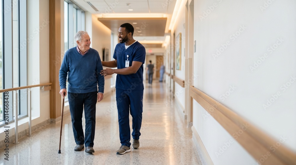 Fototapeta premium Friendly male nurse in blue scrubs assisting an elderly man with a walking cane in a bright hospital hallway