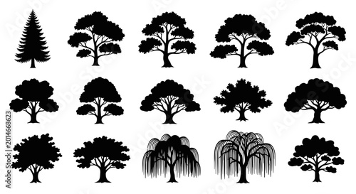 Photos Collection of various tree silhouettes.