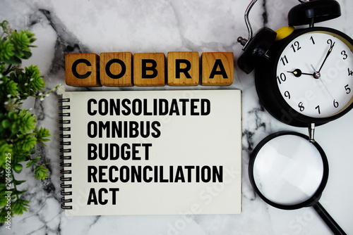 Cuadro en lienzo COBRA Consolidated Omnibus Budget Reconciliation Act text with alarm clock and m