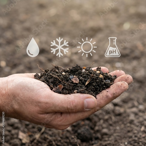 Hands holding soil with environmental factors icons above