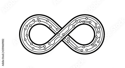 Tableau sur toile Black infinity symbol with circuit board pattern on white background