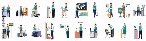 Bild auf Leinwand Comprehensive Set of Airport Ground Staff and Airline Employee Illustrations Per