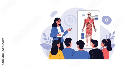 Female doctor explaining human muscle anatomy to a group of students using a large detailed anatomical poster in a classroom.