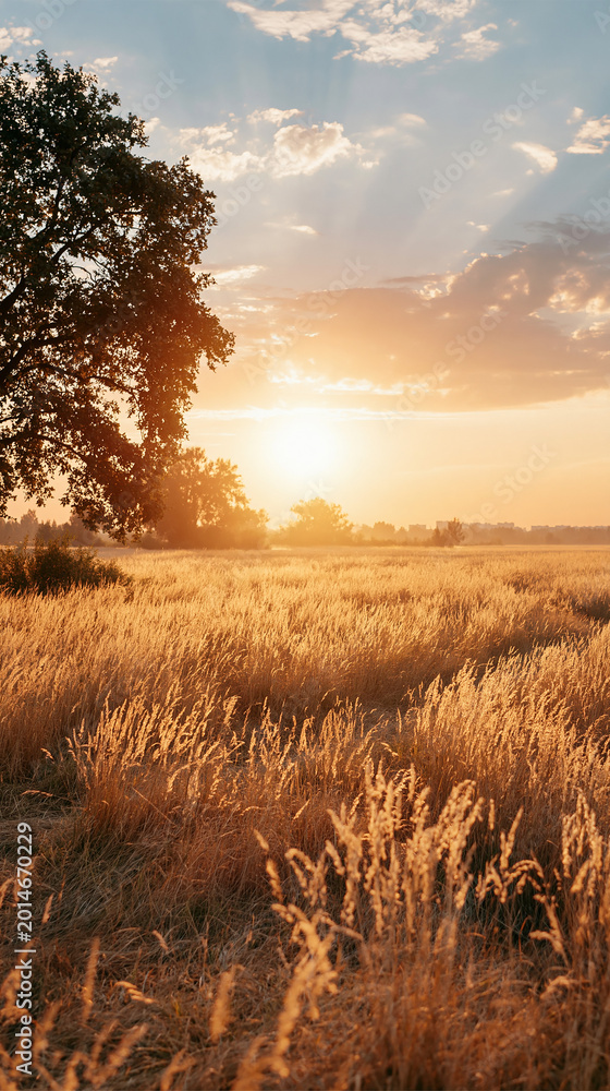 Fototapeta premium Golden Sunset Meadow with Swaying Grass in Warm Light,夕陽に染まる草原と風になびくススキの自然風景