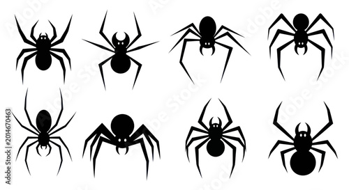 Photos Collection of eight black spider silhouettes on a white background
