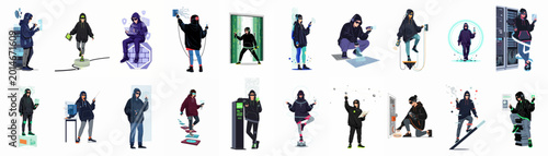 Tableau sur toile Set of Diverse Hacker Characters Engaged in Various Cyber Security Activities, D