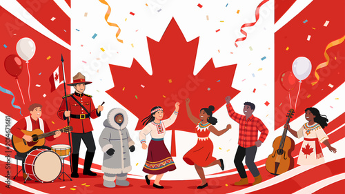 Vibrant illustration celebrating Canada Day with diverse people in traditional attire dancing and playing music against a backdrop of the Canadian flag and confetti.