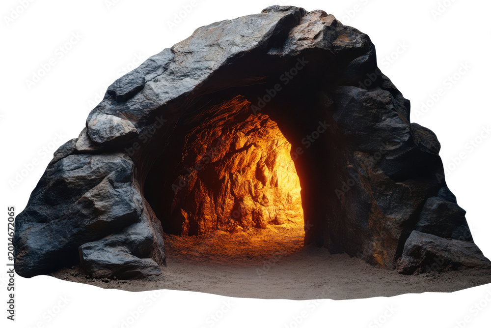 Obraz premium Glowing Underground Cave Entrance With Rocky Arched Formation Illuminated By Warm Light, Png Isolated On White, Transparent Background