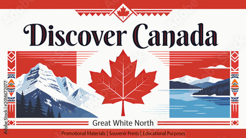 Canvastavla Discover Canada: Great White North featuring iconic Canadian landscapes and a prominent maple leaf emblem