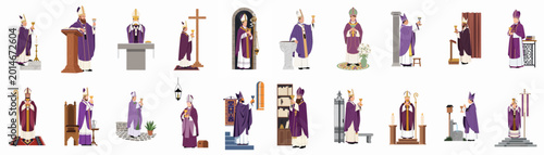 Vászonkép Collection of 20 Catholic Bishop Illustrations in Purple Vestments Performing Li