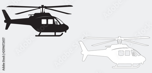 Foto A sleek, black and white silhouette icon of a helicopter, designed in a minimalist style for maximum versatility in graphic design, web interfaces, and print applications