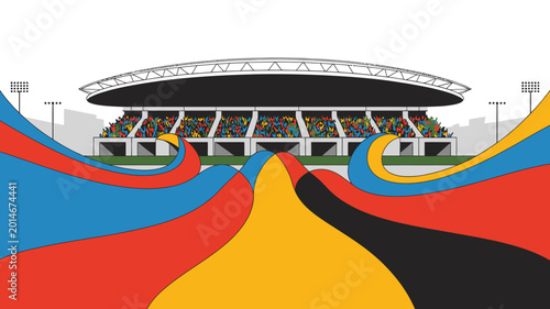 Canvastavla Modern stadium with colorful wavy banners leading to the entrance, sports venue