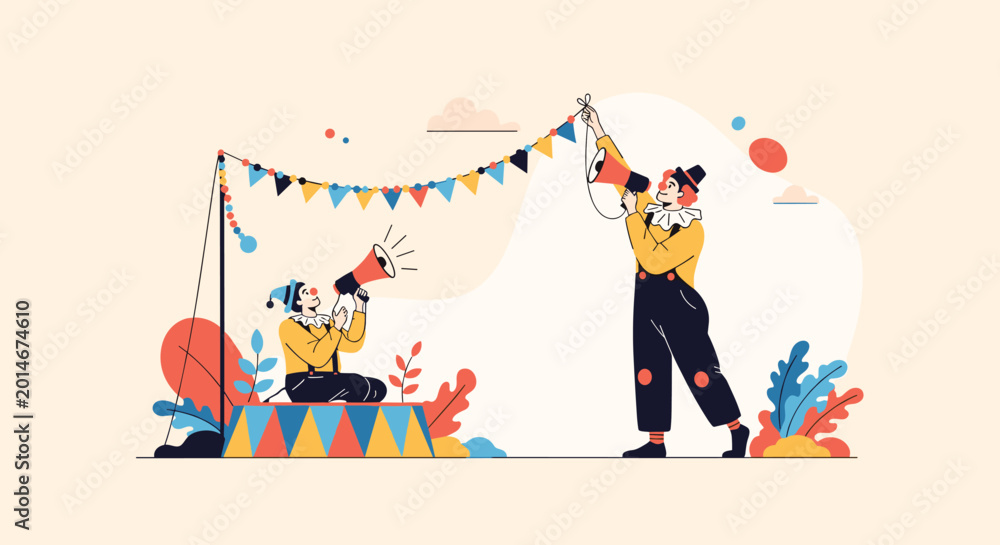 Fototapeta premium Two playful clowns preparing for a circus show with megaphones and colorful bunting flags for entertainment events.