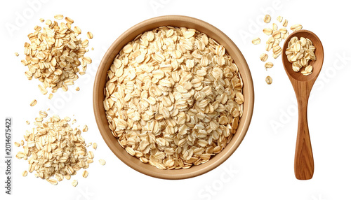 Rolled oats in a bowl and spoon with piles on a dark background