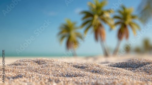 Warm sunlight illuminates soft beach sand and blurred palm trees under a blue sky