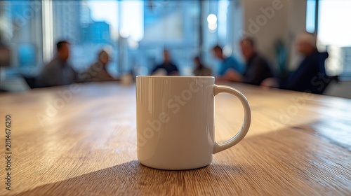 A white mug sits on a wooden table with blurred figures in the background