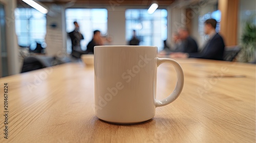 A white ceramic mug sits on a polished wooden table in a softly blurred office meeting