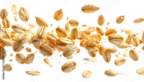 Pile of oat flakes, some airborne, against a pure black background