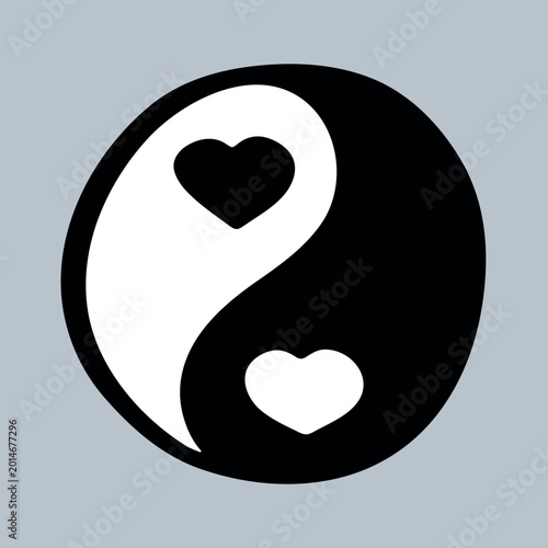 Schilderij op canvas Hand drawn yin yang symbol with hearts Zen and Tao Harmony and balance Black and