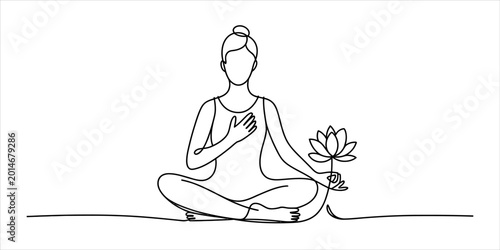 Woman sitting in yoga lotus pose holding a lotus flower drawn with a single continuous black line art style for wellness and meditation concepts Vector, illustration