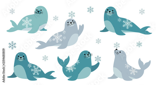 Photography Cute Seals with Snowflakes - Winter Arctic Animals Cartoon Illustration
