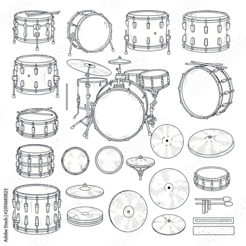 Принти на полотні Drum Set Collection Sketch - Various Drums, Cymbals, Drumsticks
