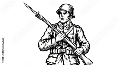 Foto WWII Soldier Illustration - Vintage Military Man with Rifle and Bayonet, Black a