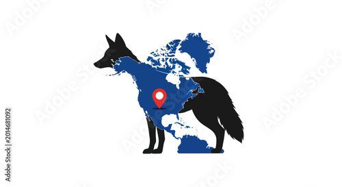 Konstfotografi Wolf Silhouette Overlayed with North America Map and Location Pin