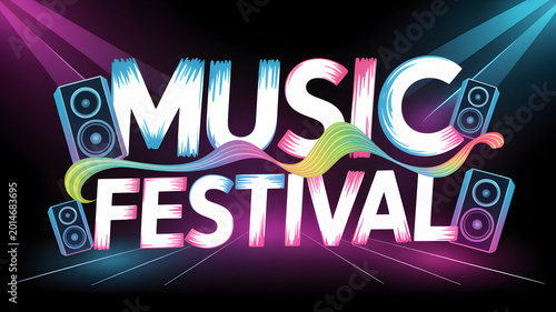Music festival text with speakers and light beams live music bass speaker music equipment sound system graphic design