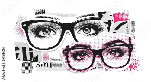 Artistic collage featuring female eyes wearing stylish eyeglasses with halftone textures and monochrome aesthetic accents, vibrant pink paper cutout elements isolated on minimalist background.