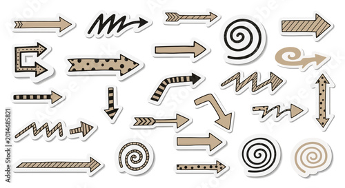 Creative collection of hand drawn doodle arrow cut out from brown craft paper for artistic collage design element featuring unique textured shape and expressive illustrative pointer.