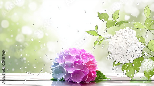 雨に濡れる紫と白の紫陽花のイラスト