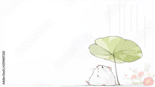 蓮の葉っぱの傘の下にいる白いハムスターのイラスト