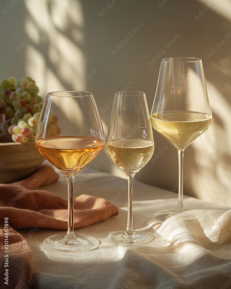 Obraz premium Warm afternoon light filters through, showcasing three elegant glasses of Chardonnay on a table Generative AI