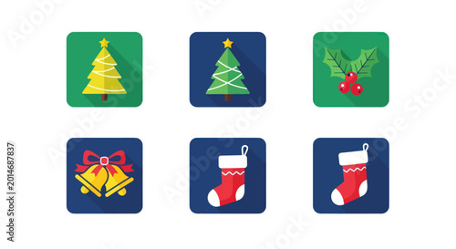 Konstfotografi Christmas Icons Set: Tree, Holly, Bells, Stocking