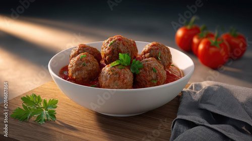 Delicious meatballs in tomato sauce with fresh herbs and tomatoes on the side