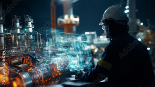 Systems engineer analyzes complex data at a futuristic industrial facility in the evening light Generative AI
