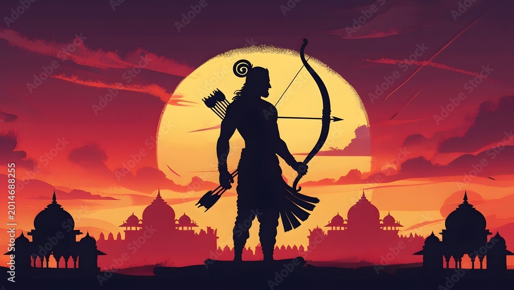 Naklejka premium A silhouette of a man holding a bow and arrow at sunset